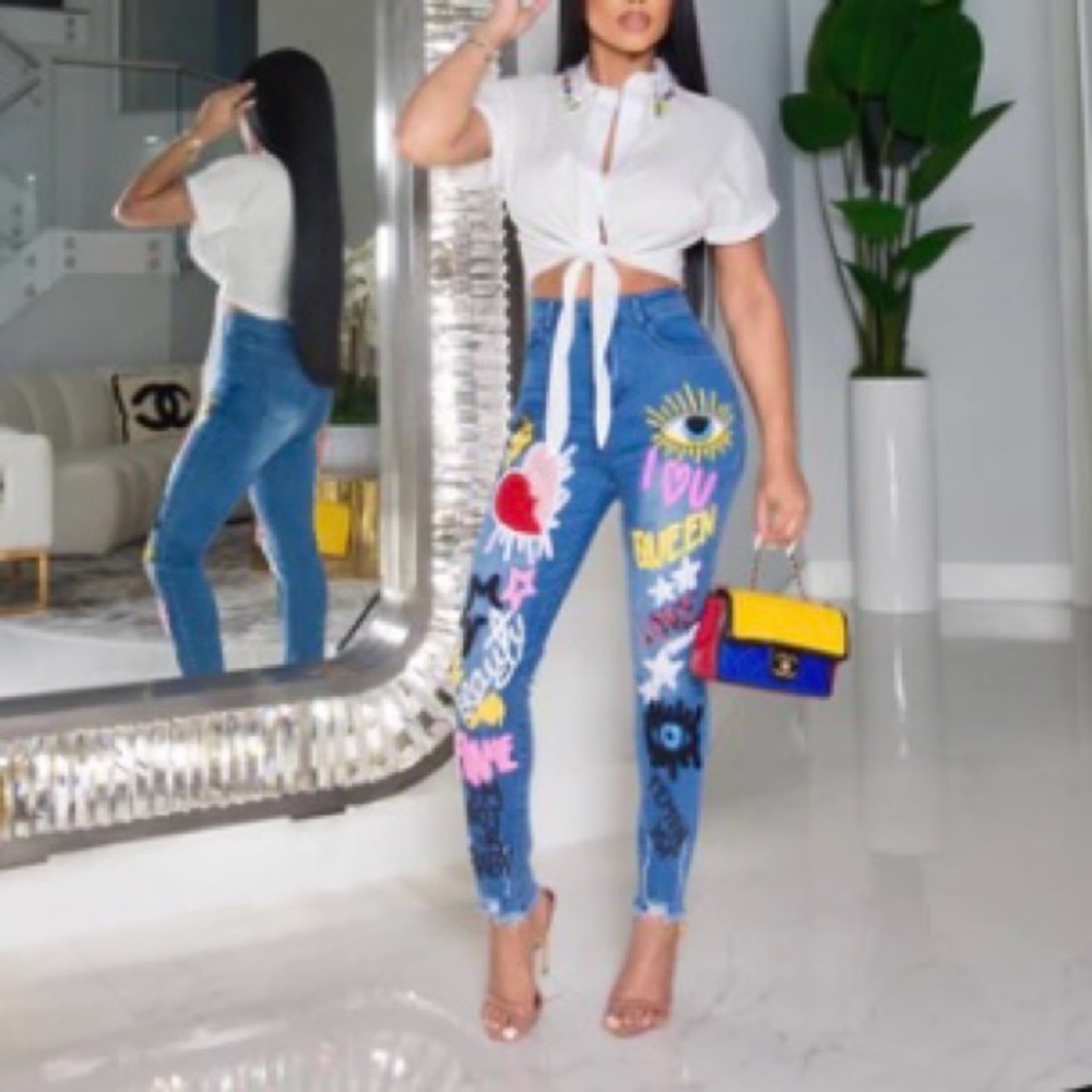 Blue & Yellow Skinny Jeans with Graffiti Art Cute Wardrobe staple ( worn once)🔥 - Picture 3 of 3
